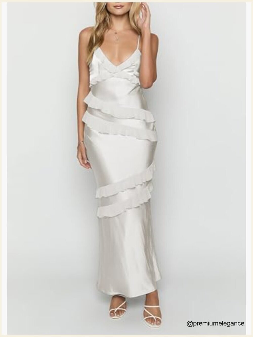Satin Maxi Dress with V-Neck Ruffle Spaghetti Strap Tie Backless Formal - Picture 4 of 6